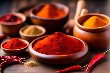 Indian Garam Masala, Red Chili Powder, Indian spices, turmeric, Selective focus. Masala Powder is used to prepare Pav Bhaji, biryani and curry. Best for Indian popular street food. AI Generated. - obrazy, fototapety, plakaty