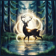 A captivating watercolor of a deer in a forest pond framed by sunlight and trees evoking serene beauty
