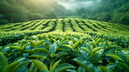 Close-up of tea leaves with a backdrop of a morning tea plantation in Asia.