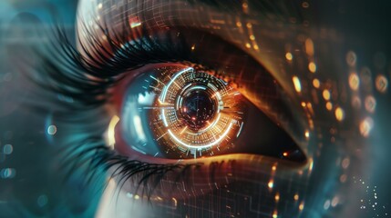 A close-up of a human eye augmented with futuristic digital enhancements, depicting a concept of advanced biotechnology and cybernetic augmentation. - obrazy, fototapety, plakaty