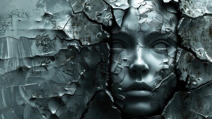 Statue of a Face Embedded into a Broken Wall, Green Tones

