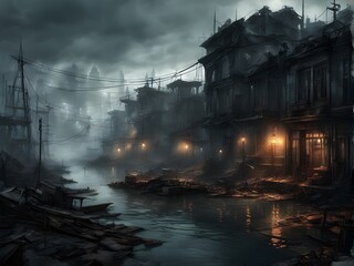 Flooded post apocalyptic town in the night.