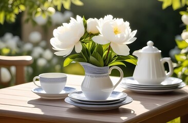 Fototapeta na wymiar Image of a beautiful natural breakfast with coffee, glass pitcher, china plate and napkin with gorgeous white peony flowers in a vase outside.