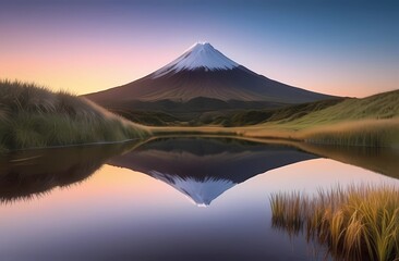 Fototapeta premium The mountain during sunset with a beautiful reflection in the water of a small lake. The beauty of nature. Travel and tourism