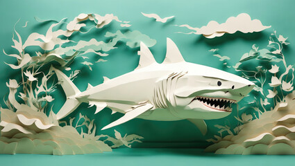 great white shark with open jaws in paper art style on an imaginary background in vibrant pastel colors