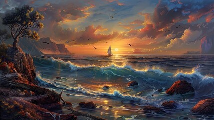 sunset by the sea - obrazy, fototapety, plakaty