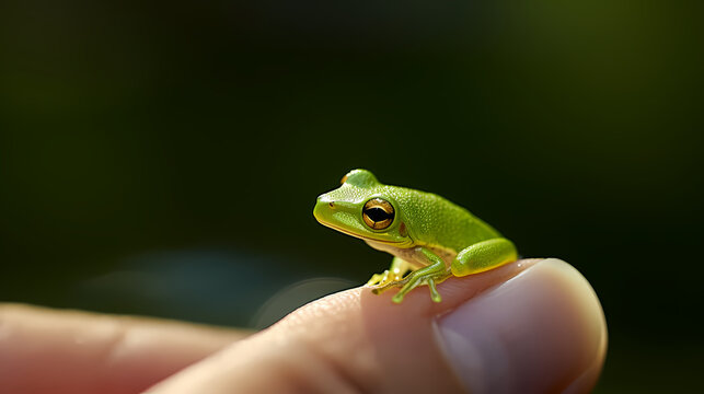 Close-up of a small green frog sitting on a finger