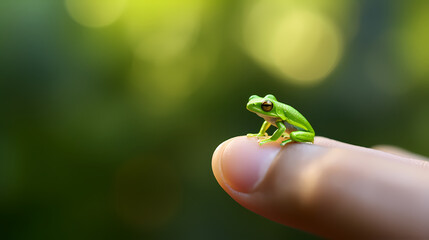 Close-up of a small green frog sitting on a finger - obrazy, fototapety, plakaty