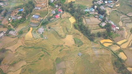 Top view of terraced paddy field and traditional houses of Muong Hoa valley, Fansipan mountain, Sa Pa town, Vietnam. - obrazy, fototapety, plakaty