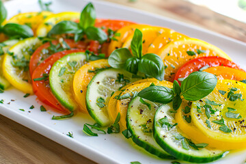 tasty and healthy summer salad with cucumber, tomato and lemon slices on a plate, basil, closeup