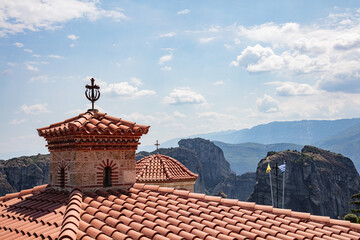 Greek monasteries details on the top of the mountain, Meteora - obrazy, fototapety, plakaty