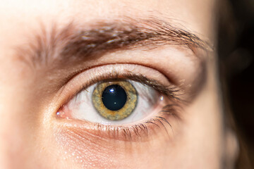  Girl's eye close-up, natural. Dilated pupil. Green iris.