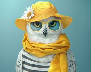 Stylish owl character in yellow hat and scarf, summer fashion - 790212999