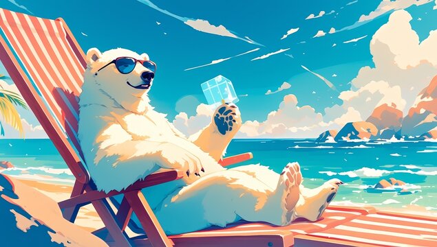 A polar bear wearing sunglasses lounging on the beach in a deck chair, smiling and holding an ice cube with its paws. The background is a blue ocean and sandy shore with palm trees and rocks. 