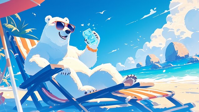 A polar bear wearing sunglasses lounging on the beach in a deck chair, smiling and holding an ice cube with its paws. 