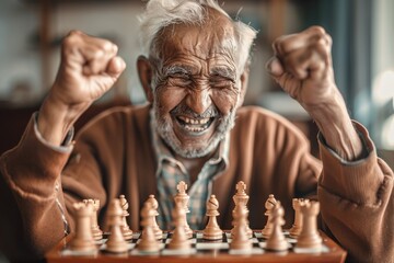 A jubilant senior man with a full white beard exults after winning a game of chess, showcasing emotions of triumph