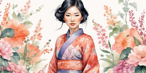 Watercolor Illustration Of Asian Woman on Flower Background