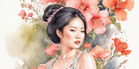 Watercolor Illustration Of Asian Woman on Flower Background