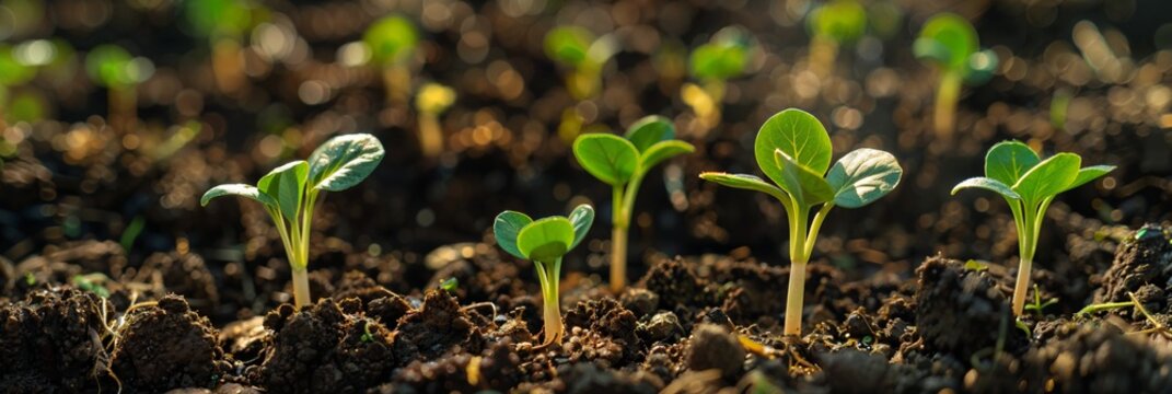 Young plants sprout from fertile soil, embodying the concept of life's renewal. Suited for eco and gardening themes in stock imagery.