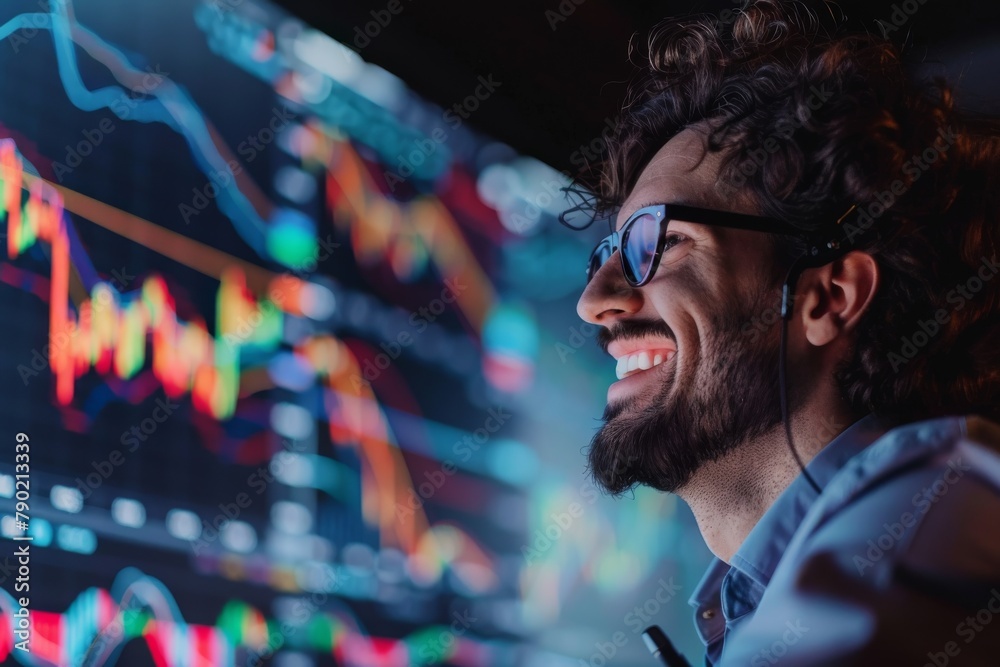 Poster An intense image of a businessman deeply focused on multiple screens displaying complex financial market data and trends