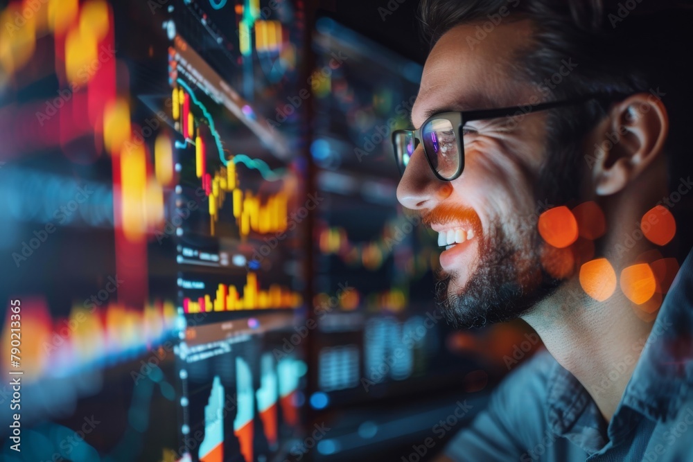 Aufkleber A stylistic shot of a trader's profile as he intensely studies financial data graphs on digital displays, symbolizing analysis and strategy