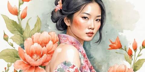 Watercolor Illustration Of Asian Woman on Flower Background