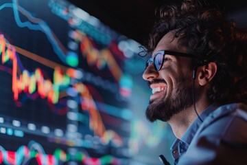 An intense image of a businessman deeply focused on multiple screens displaying complex financial market data and trends