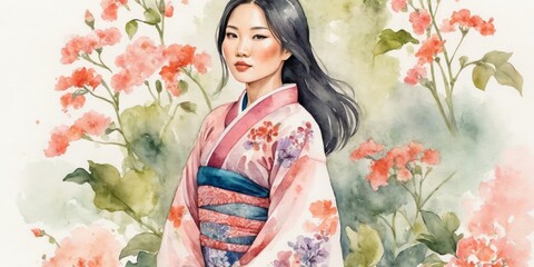 Watercolor Illustration Of Asian Woman on Flower Background