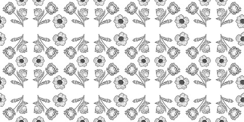 Seamless floral pattern adonis line graphic spring summer cute romantic contour white background isolated print surface minimal black - obrazy, fototapety, plakaty