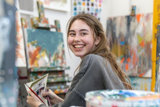 A laughing young woman enjoys her time working on her art, with a brush in hand and artwork all around her