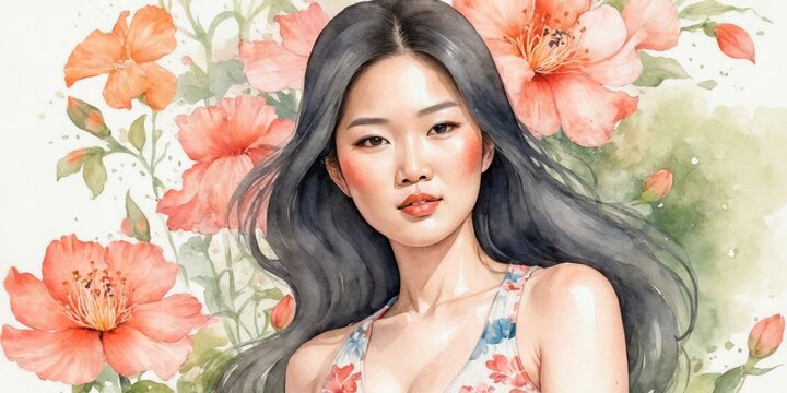 Watercolor Illustration Of Asian Woman on Flower Background