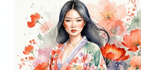 Fototapeta premium Watercolor Illustration Of Asian Woman on Flower Background
