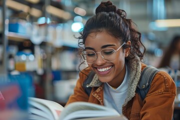 A joyful female with glasses and a bun hairstyle engrossed in reading a book, expressing delight