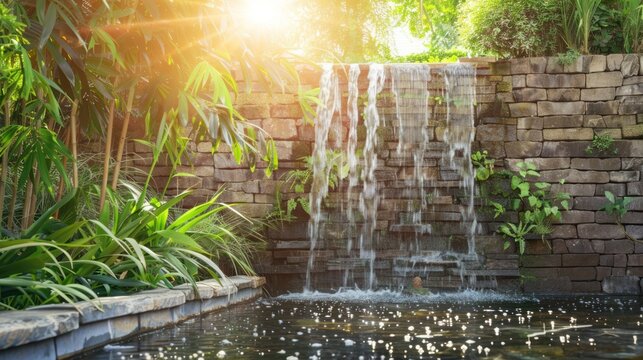 Waterfall in the garden with beautiful greenery, beautiful landscape with beautiful plants and flowers