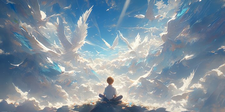 A little boy sits on fluffy clouds, looking at the sky with white birds flying around him. The background is a beautiful cloudy landscape with rays of sunlight shining through. 