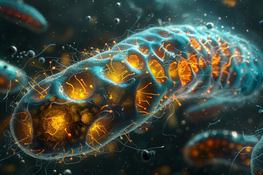 vibrant microscopic view of illuminated mitochondria in a cell, detailed and colorful scientific illustration