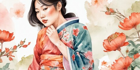 Watercolor Illustration Of Asian Woman on Flower Background