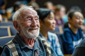 Close-up view of an elderly male audience member listening intently during a seminar or conference, represents lifelong learning