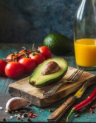 avocado and tomatoes on a cutting board with a fork, knife, salt, pepper, chili, garlic