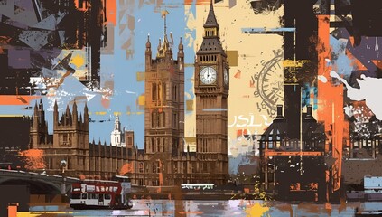 A mixed media collage featuring iconic landmarks of London such as Big Ben