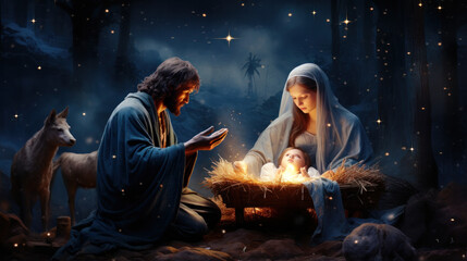Naklejka premium Christmas creche with Joseph Mary and small Jesus