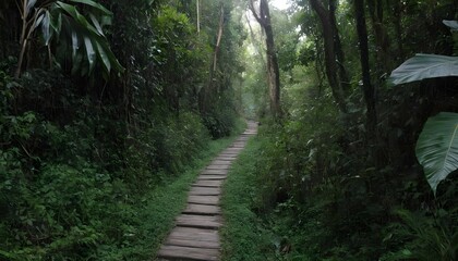 A narrow path leading through thick jungle vegetat upscaled 2