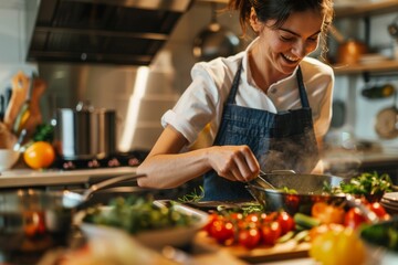 A chef with obscured face centers on cooking, with fresh ingredients spread around adding to the ambiance of culinary creation in a professional kitchen