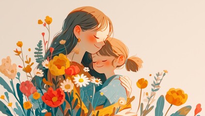 A mother and child are depicted in an illustration style, surrounded by flowers, with soft tones of beige and white. The girl is holding her mom's hand