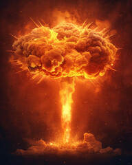 Fiery mushroom cloud explosion in an intense orange hue.