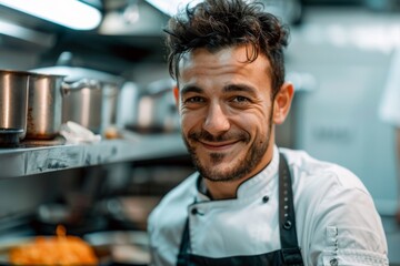 A cheerful male chef wearing a white chef's jacket poses in a bustling professional kitchen with stainless steel cookware