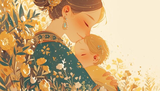 A mother and child in an illustration style, surrounded by flowers with simple lines and flat illustrations in soft colors against a light brown background