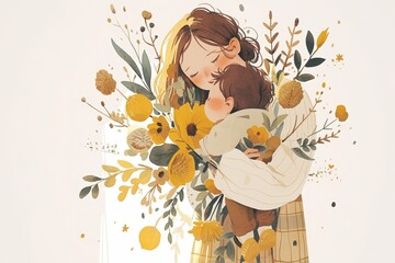 A mother holding her child in one hand and carrying flowers in the other