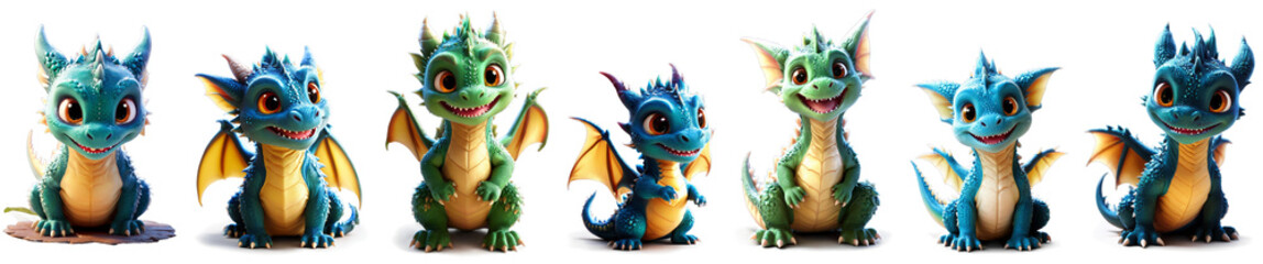 Collection of 7 adorable cartoon dragon characters on transparent alpha background. Perfect for whimsical designs and fantasy enthusiasts.