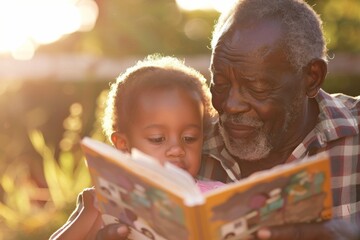 Grandparents and grandchild focusing on a brightly lit storybook together outdoors during sunset